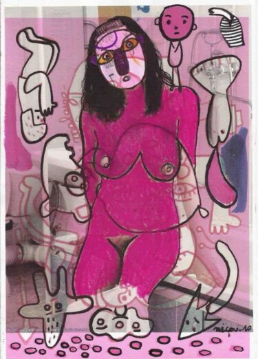Dessin intitulée "femme en rose ." par Nicolas Malaize (Nicou), Œuvre d'art originale