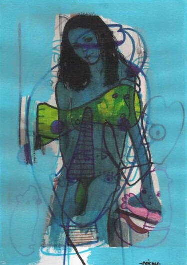 Dessin intitulée "femme sur fond bleu…" par Nicolas Malaize (Nicou), Œuvre d'art originale