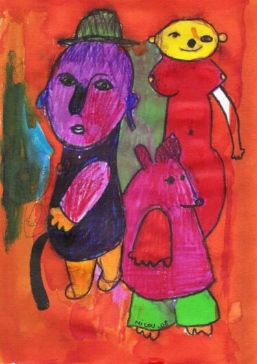 Dessin intitulée "trois personnages ." par Nicolas Malaize (Nicou), Œuvre d'art originale