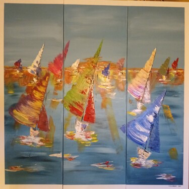 Painting titled ""La course de voili…" by Nicolas Mannarini, Original Artwork, Acrylic Mounted on Wood Stretcher frame