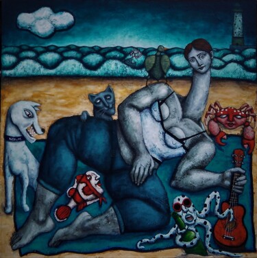 Schilderij getiteld "la-plage-100x100-20…" door Nicolas Monjo, Origineel Kunstwerk