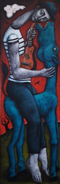 Pittura intitolato "cheval-bleu-40x120-…" da Nicolas Monjo, Opera d'arte originale
