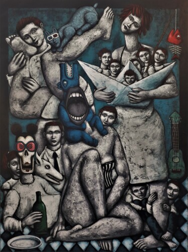 Painting titled "les naufragés" by Nicolas Monjo, Original Artwork, Acrylic Mounted on Wood Stretcher frame