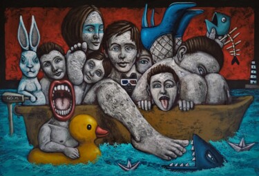 Painting titled "DANS LE MÊME BATEAU" by Nicolas Monjo, Original Artwork, Acrylic Mounted on Wood Stretcher frame