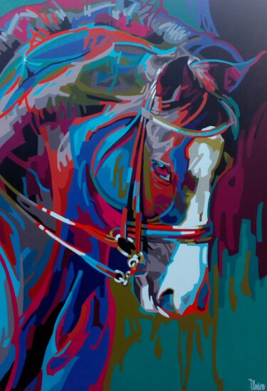 Painting titled "Chess Horse Blue" by Nicolas Planson, Original Artwork, Acrylic Mounted on Wood Stretcher frame