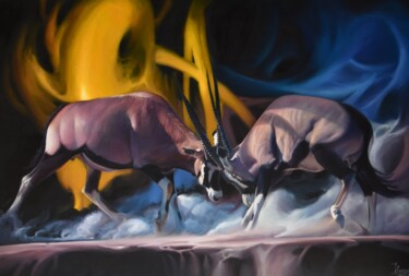 Картина под названием "Fire Swords" - Nicolas Planson, Подлинное произведение искусства, Масло Установлен на Деревянная рама…