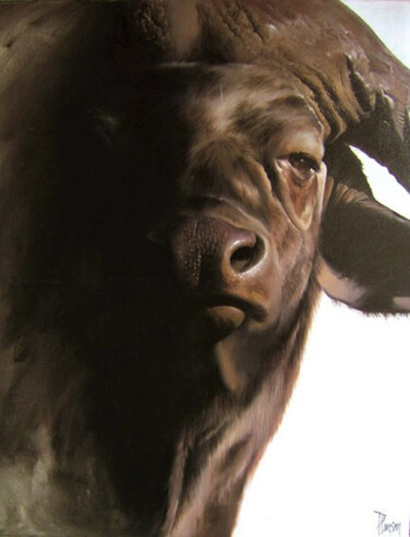 Painting titled "Buffalo glance" by Nicolas Planson, Original Artwork, Oil Mounted on Wood Stretcher frame