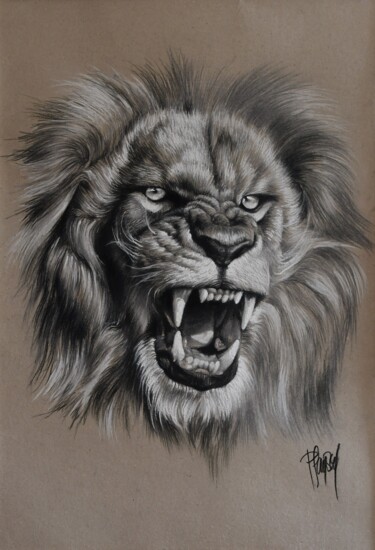 Painting titled "Lion roar" by Nicolas Planson, Original Artwork, Pastel Mounted on Cardboard
