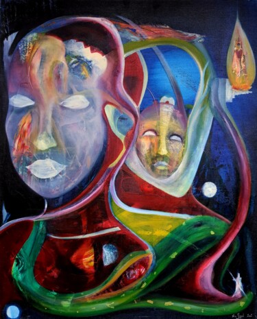 Painting titled "Masques" by Nicolas Signol, Original Artwork, Oil Mounted on Wood Stretcher frame