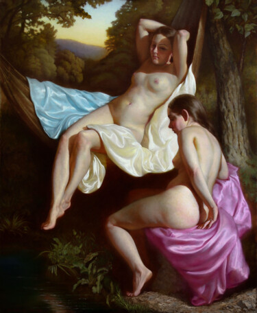 Pittura intitolato "The Crescent Goddes…" da Nicolas Szuhodovszky, Opera d'arte originale, Olio Montato su Telaio per barell…