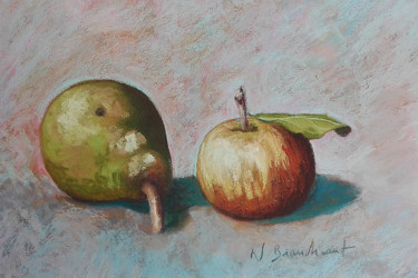 Pittura intitolato "Poire et pomme sur…" da Nicolas Brandicourt, Opera d'arte originale, Pastello