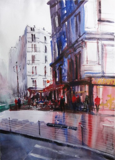 Malerei mit dem Titel "Rue Chappe - Montma…" von Nicolas Jolly, Original-Kunstwerk, Aquarell