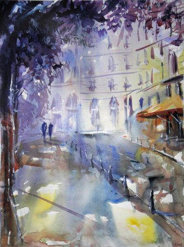 Картина под названием "Promenade à l'ombre" - Nicolas Jolly, Подлинное произведение искусства, Акварель
