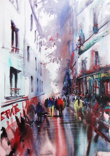 Картина под названием "Rue des Saules - Mo…" - Nicolas Jolly, Подлинное произведение искусства, Акварель