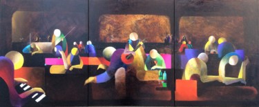 Schilderij getiteld "Jazz Band and Bar" door Nicolas Périgois, Origineel Kunstwerk, Acryl