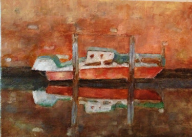 Painting titled "La barque rouge" by Françoise Vivier Nicolaÿ, Original Artwork, Oil