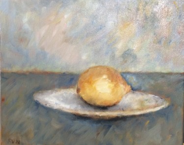 Painting titled "Citron sur assiette" by Françoise Vivier Nicolaÿ, Original Artwork, Oil