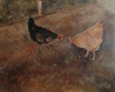 Painting titled "Les poules" by Françoise Vivier Nicolaÿ, Original Artwork, Oil