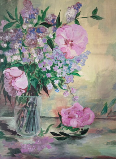 Pintura titulada "Bouquet mauve" por Nicole Bachelard, Obra de arte original, Acrílico