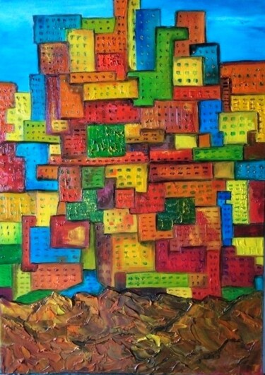 Pintura titulada "Village" por Nicole Bachelard, Obra de arte original, Oleo Montado en Bastidor de camilla de madera