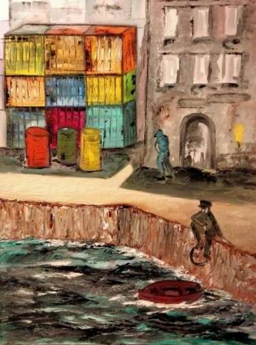 Malerei mit dem Titel "Sur le port" von Nicole Bachelard, Original-Kunstwerk, Öl Auf Keilrahmen aus Holz montiert