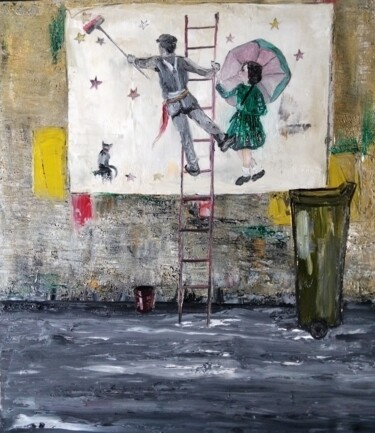 Pittura intitolato "Le colleur d affich…" da Nicole Bachelard, Opera d'arte originale, Olio
