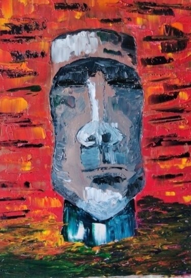 Картина под названием "Moaï" - Nicole Bachelard, Подлинное произведение искусства, Масло Установлен на Деревянная рама для н…