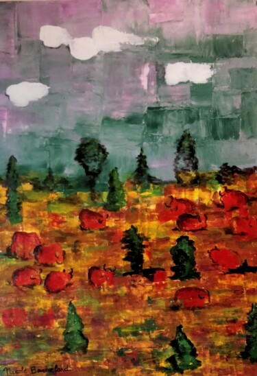 Painting titled "Les vaches rouges" by Nicole Bachelard, Original Artwork, Acrylic Mounted on Wood Stretcher frame