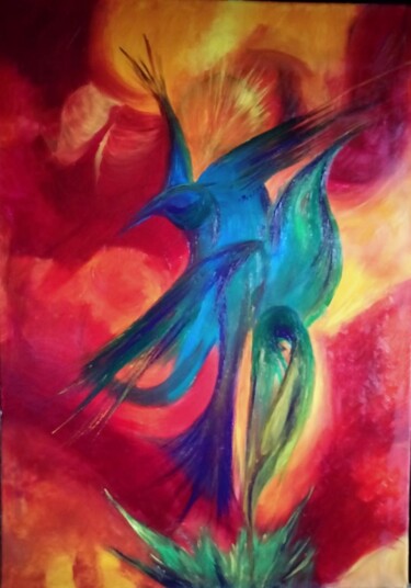 Painting titled "Le Phoenix bleu" by Nicole Bachelard, Original Artwork, Oil Mounted on Wood Stretcher frame