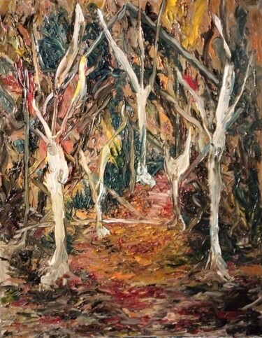 Painting titled "Sous bois" by Nicole Bachelard, Original Artwork, Oil Mounted on Wood Stretcher frame