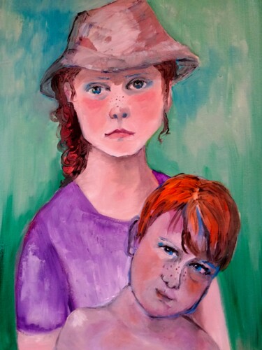 Peinture intitulée "Frère et sœur 2" par Nicole Bachelard, Œuvre d'art originale, Huile Monté sur Châssis en bois