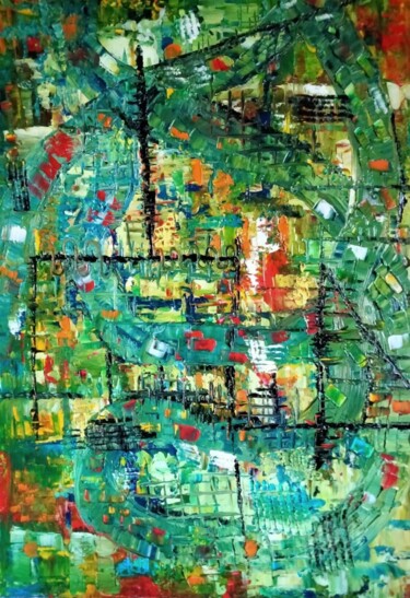 Painting titled "Autour du vert" by Nicole Bachelard, Original Artwork, Oil Mounted on Wood Stretcher frame