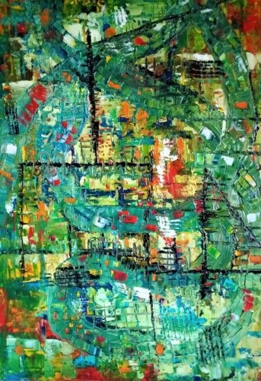 Peinture intitulée "Autour du vert" par Nicole Bachelard, Œuvre d'art originale, Huile Monté sur Châssis en bois