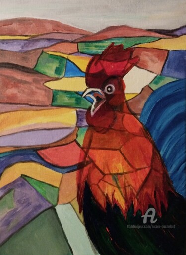 Painting titled "Le coq" by Nicole Bachelard, Original Artwork, Oil Mounted on Wood Stretcher frame