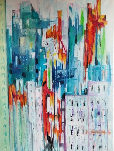 Painting titled "Buildings" by Nicole Bachelard, Original Artwork, Oil Mounted on Wood Stretcher frame