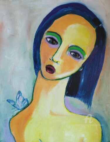 Painting titled "Fille au papillon" by Nicole Bachelard, Original Artwork, Oil Mounted on Wood Stretcher frame