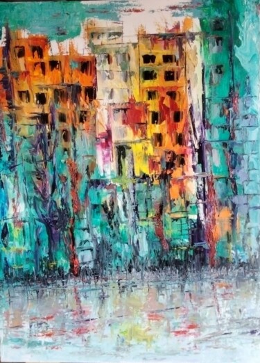Картина под названием "Paysage urbain banl…" - Nicole Bachelard, Подлинное произведение искусства, Масло Установлен на Дерев…
