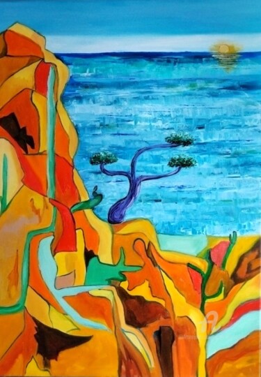 Painting titled "Paysage côtier" by Nicole Bachelard, Original Artwork, Oil Mounted on Wood Stretcher frame