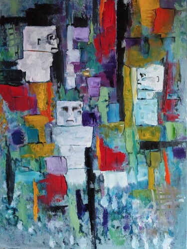 Painting titled "Totems" by Nicole Bachelard, Original Artwork, Oil Mounted on Wood Stretcher frame