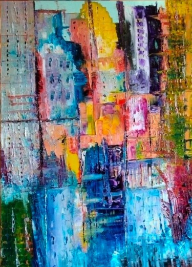Peinture intitulée "Ville en couleurs" par Nicole Bachelard, Œuvre d'art originale, Huile Monté sur Châssis en bois