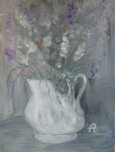 Painting titled "Vase blanc et fleur…" by Nicole Bachelard, Original Artwork, Oil Mounted on Wood Stretcher frame