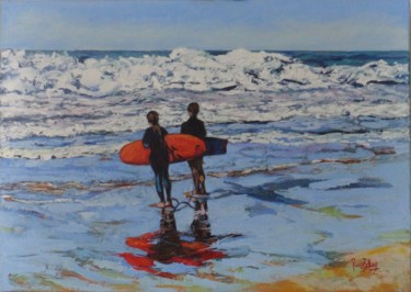 Painting titled ""Surfeurs, l'attent…" by Nicole Bellocq, Original Artwork, Oil