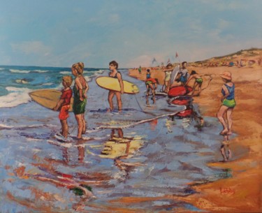 Painting titled ""les surfeurs" pein…" by Nicole Bellocq, Original Artwork, Oil Mounted on Wood Stretcher frame