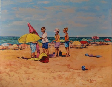 Painting titled ""A la plage" huile…" by Nicole Bellocq, Original Artwork, Oil