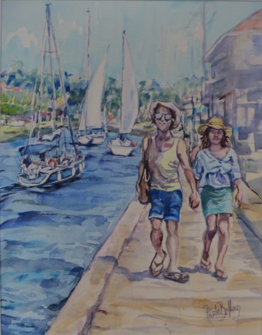 Painting titled "Balade sur le port" by Nicole Bellocq, Original Artwork, Watercolor
