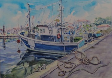 Pintura intitulada "Bâteau de pêche" por Nicole Bellocq, Obras de arte originais, Aquarela