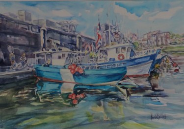 Malarstwo zatytułowany „Bateaux de pêche au…” autorstwa Nicole Bellocq, Oryginalna praca, Akwarela
