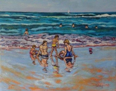 Painting titled "La mer monte" by Nicole Bellocq, Original Artwork, Oil Mounted on Wood Stretcher frame