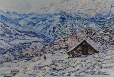 Painting titled "Neige dans les Pyré…" by Nicole Bellocq, Original Artwork, Oil Mounted on Wood Stretcher frame