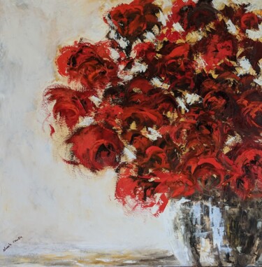 Painting titled "Floral rouge contem…" by Nicole Caron, Original Artwork, Oil